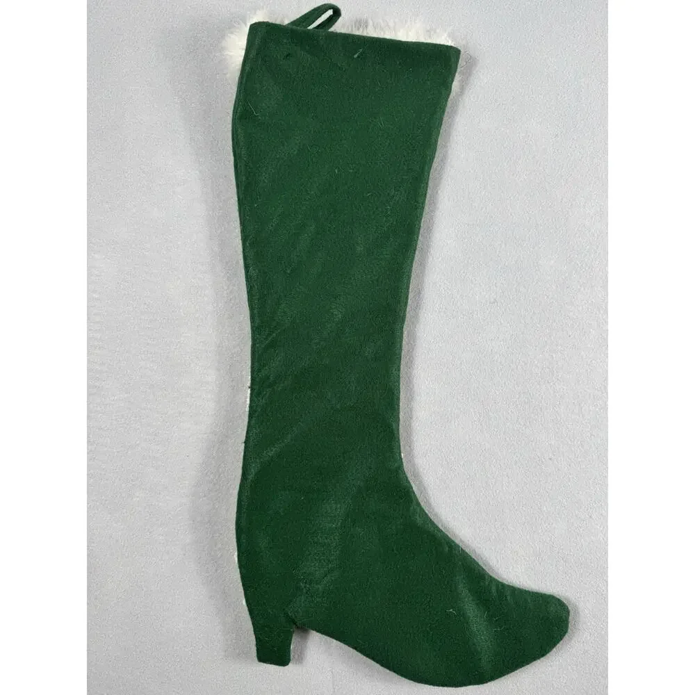 Pier 1 Early 2000s Christmas Stocking Green Red Trees Punch-Needle Faux Fur Trim